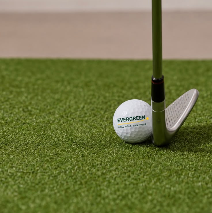 An Evergreen branded golf ball next to a wedge on the hitting mat